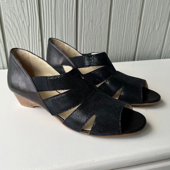 Amalfi by Rangoni Black Denver Leather Cut-Out Wedge Sandals 9.5 - Picture 1 of 10